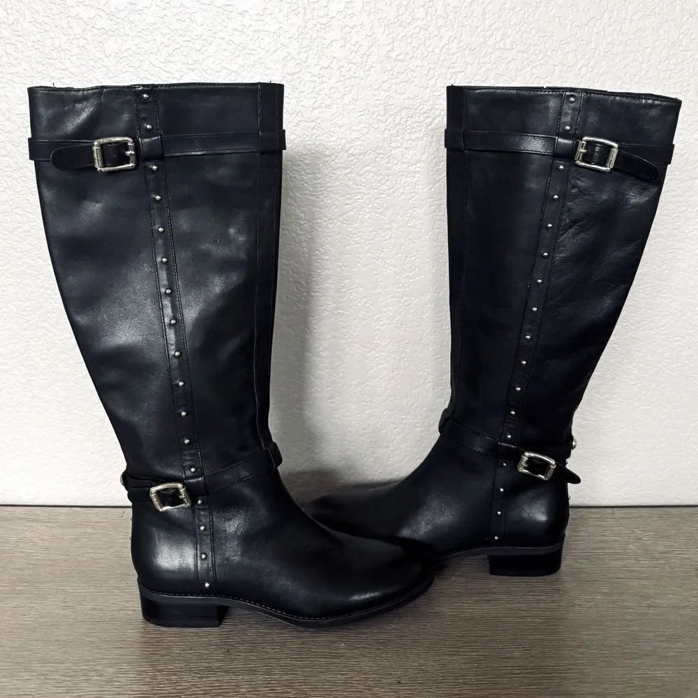 Vince Camuto Black Leather Gold Studded Riding Boots 6